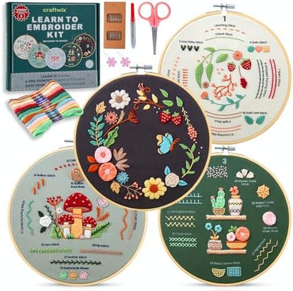 Craftwiz Embroidery Kit for Beginners, 4 Patterns, Learn 31 Stitches by ImagineCreateInspire