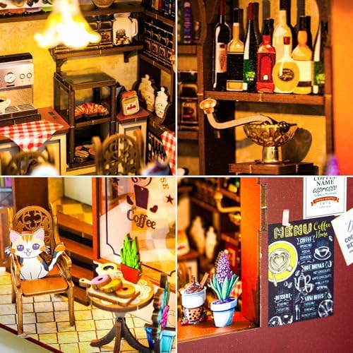 DIY Book Nook Kit Coffee Shop 3D Puzzle Wooden Dollhouse with LED Lights - Image 6