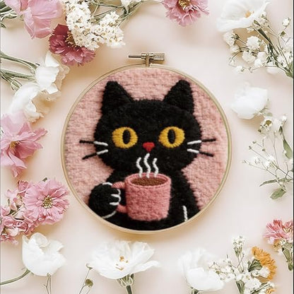 FREEBLOSS DIY Coffee Cat Punch Needle Kit for Beginners Embroidery Punch Needle Starter Craft Set with Instructions Frame Embroidery Kit for Adults Gift Decoration, 7.9"/20cm - Image 7