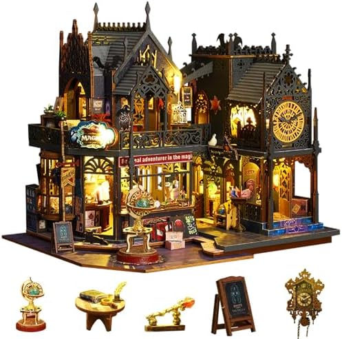 Plustopoy Miniature House Kit DIY Mini House Building Kit with LED Light, DIY Mini Dollhouse with Furniture Book Nook Kit, 3D Wooden Puzzle Wooden Bookend Shelf Insert Decro (Holo Magic City) by Plustopoy