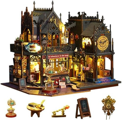 Plustopoy Miniature House Kit DIY Mini House Building Kit with LED Light, DIY Mini Dollhouse with Furniture Book Nook Kit, 3D Wooden Puzzle Wooden Bookend Shelf Insert Decro (Holo Magic City) by Plustopoy