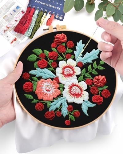 ERKOON Embroidery Kit for Beginners, Flower Cross Stitch Set for Include Embroidery Cloth Hoops Threads for Craft Lover Hand Stitch with Embroidery Skill Techniques (Dream Black Cloth) - Image 4