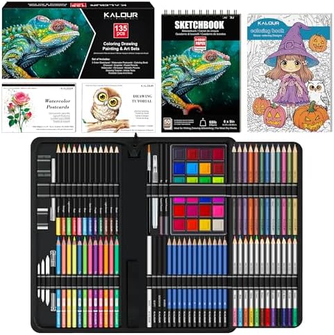KALOUR 135 Drawing Set Sketching Kit,Art Supplies with 3-color Sketchbook & Coloring Paper,Include Tutorial, Oil Based, Neon,Graphite, Charcoal, Watercolor & Metallic Pencil,for Artist Adults Beginner by KALOUR