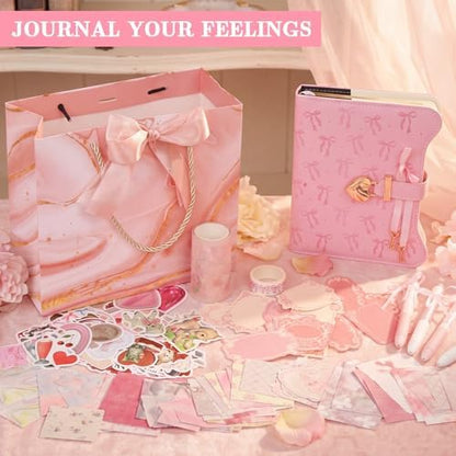 Janlaugh DIY Journal Diary with Lock Pack Scrapbook Kit, Pink, Bow - Image 5