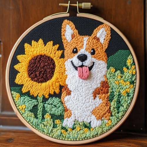 DIY Punch Needle Kits Cute Corgi Dog and Sunflower with Hoop 20x20cm-1 by Unknown