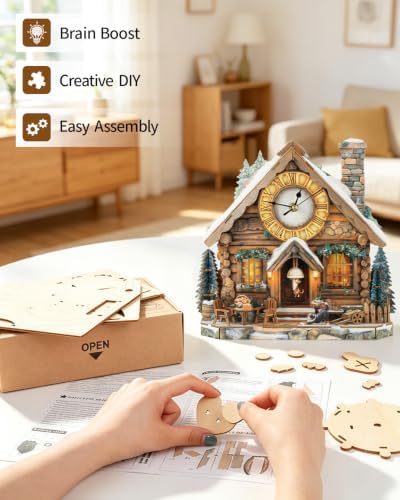 3D Puzzles for Adults-Wooden Swiss House Clock Puzzle DIY Clock Model Kit - Image 4