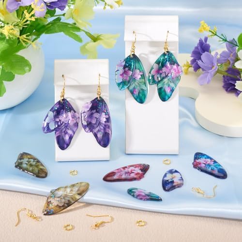 FASHEWELRY 24Pcs Resin Feather Wing Charms Gradient Color Floral Prints Wing Earring Pendants Colorful Butterfly Charms with Gold Foil for Jewelry Making - Earring Hooks & Jump Rings - Image 4