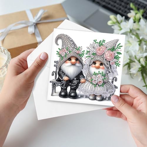 AiYuanzsh Set of 6 Gnome Diamond Painting Greeting Cards – 5D DIY Craft Kits for Handmade Bride and Groom Cards, Perfect for Wedding Gifts and Anniversaries - Image 4