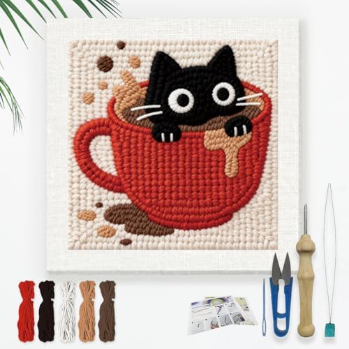 Doodlream Cat in Coffee Cup Needle Kit for Beginner, 9.4"x 9.4" Black Kitty Punch Stitching Craft Set, DIY Embroidery Starter with Printed Frame, Instruction, Threader, Yarn, Pinch Needle by Doodlream