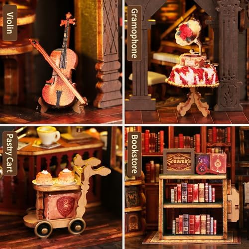CUTEROOM DIY Miniature House Kit, Wooden Dollhouse Kit with LED Magic Tiny House Kits for Women Adult Gifts for Christmas Birthday (Book Coffee Shop) - Image 5