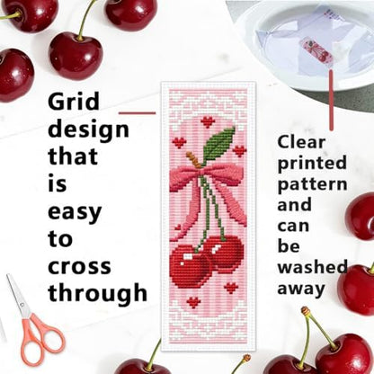 INFUNLY 6PCS Pink Cherry Cross Stitch Bookmark Kit for Adults 8.5"×3" Stamped Embroidery Bookmark Kit Bow DIY Bookmark Cross Stitch Kits with Instruction for Book Lovers Reader Writers - Image 3