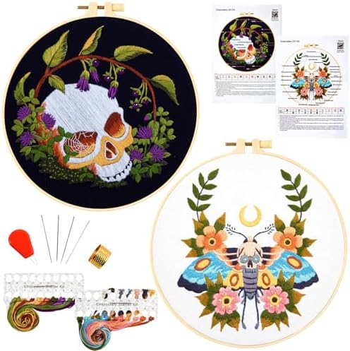 Gothic Skull Embroidery Starter Kits for Beginners Adults, Halloween Stamped Cross Stitch Kit for Beginners Adults, Flowers Hand Embroidery Needlepoint Kit, 2 Embroidery Hoop (Attached Video Tutorial) by Armindou