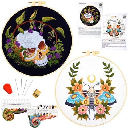 Gothic Skull Embroidery Starter Kits for Beginners Adults, Halloween Stamped Cross Stitch Kit for Beginners Adults, Flowers Hand Embroidery Needlepoint Kit, 2 Embroidery Hoop (Attached Video Tutorial) by Armindou