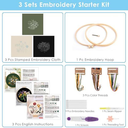 ERKOON 3 Sets Embroidery Kit, Floral Cross Stitch Set for Include Embroidery Cloth Hoops Threads for Craft Lover Hand Stitch (Plants & Flowers) - Image 3