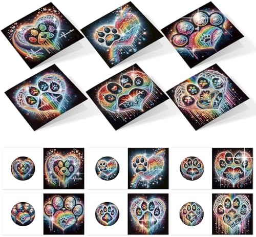 6 Pack Diamond Painting Greeting Cards with Envelopes, DIY 5D Diamond Art Card Kit Colorful Artistic Paw Designs, 30x15cm Handmade Rhinestone Cards Crafts for Pet Lovers and Creative Greetings by AiYuanzsh