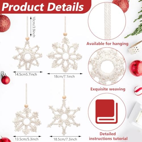 ACRNIGHEET Snowflake Christmas Macrame Kit 4PCS Boho Wall Hanging Decoration for Winter DIY Snow Macrame Kit for Adults Beginners with Step by Step Instructions - Image 3
