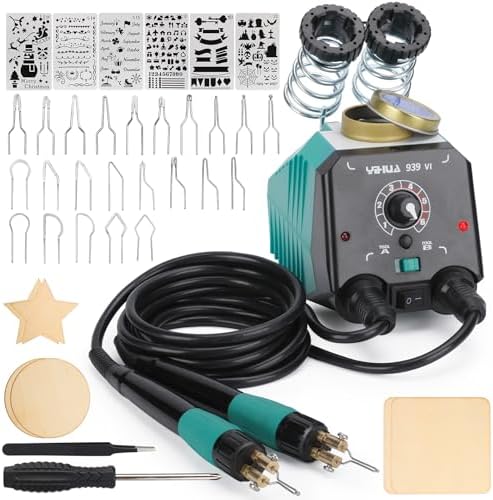 YIHUA 939-VI Dual Wood Burning Pen Wood Burning Kit with 23 Wire Nib in Varied Shapes, Detachable Pyrography Pen, 6 Wood Pieces, 6 Stencils and Screw Driver, Tweezers Used as Wood Burning Tool by YIHUA