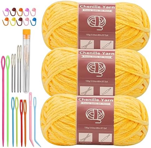 LUNARM Chenille Yarn 3 Pack 3.5oz Chunky Blanket Velvet Yarn 263 Yard by Lunarm