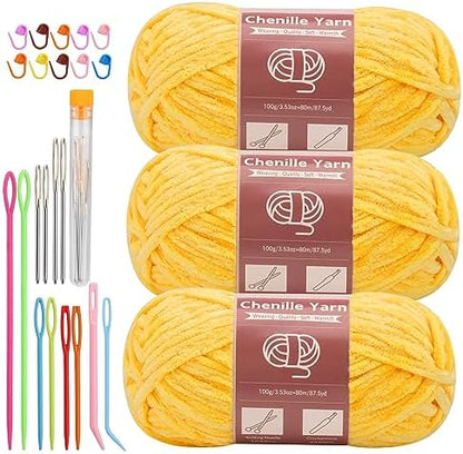 LUNARM Chenille Yarn 3 Pack 3.5oz Chunky Blanket Velvet Yarn 263 Yard by Lunarm