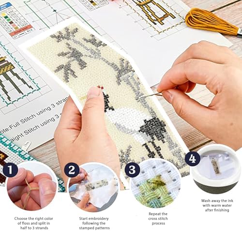 FREEBLOSS 6 Set Cross Stitch Bookmark Kit 11 CT Complete Stamped Cross Stitch Kit DIY Embroidery Bookmark Kits for Adult Beginners with Instructions, Crane Pattern, 6 x 20 cm/8" x 2.4" - Image 4