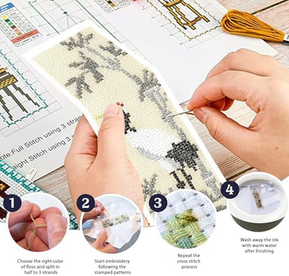 FREEBLOSS 6 Set Cross Stitch Bookmark Kit 11 CT Complete Stamped Cross Stitch Kit DIY Embroidery Bookmark Kits for Adult Beginners with Instructions, Crane Pattern, 6 x 20 cm/8" x 2.4" - Image 4