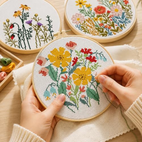 3 Pack Stamped Cross Stitch Kits for Beginners-Wild Flowers,with Hoop - Image 7