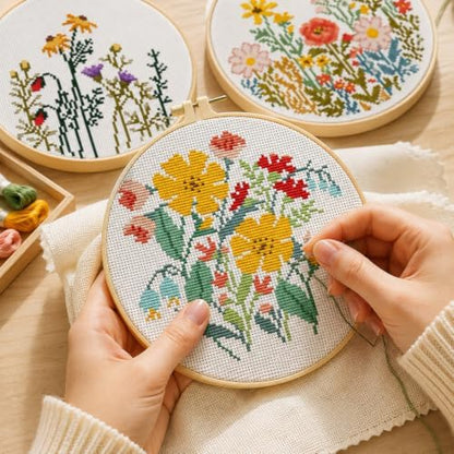3 Pack Stamped Cross Stitch Kits for Beginners-Wild Flowers,with Hoop - Image 7