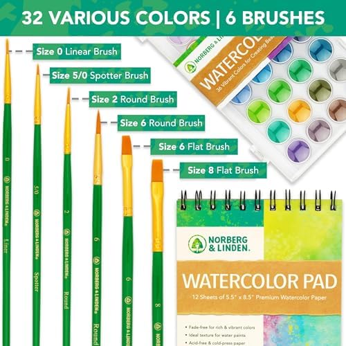 Norberg & Linden Watercolor Paint Set - 36 Premium Paints - 12 Page Pad - 6 Brushes - Painting Supplies with Palette, Watercolors, Art Pad Paper and Artist Brushes - Image 5