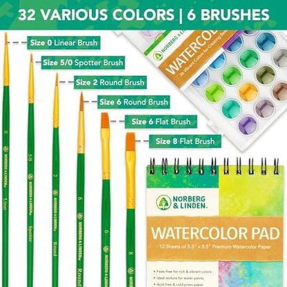 Norberg & Linden Watercolor Paint Set - 36 Premium Paints - 12 Page Pad - 6 Brushes - Painting Supplies with Palette, Watercolors, Art Pad Paper and Artist Brushes - Image 5