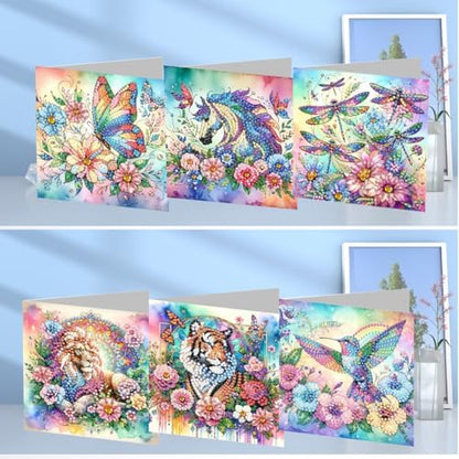 jinglinhh 6pcs Diamond Art Painting Flowers Butterfly Dragonfly Lion Tiger Hummingbird Greeting Cards with Envelopes, DIY Card Making Kits for Adults, Diamond Art Postcards Holiday Cards Craft Gifts - Image 4