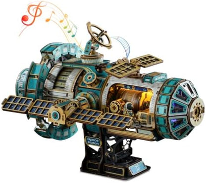 Mechanical 3D Wooden Puzzles for Adults, Space Station DIY Rotating Miniature House Kit with LED Lights & Music, 511PCS DIY Moving Building Model Craft Kit, Creative Home Decor Birthday Gift by Hallisun