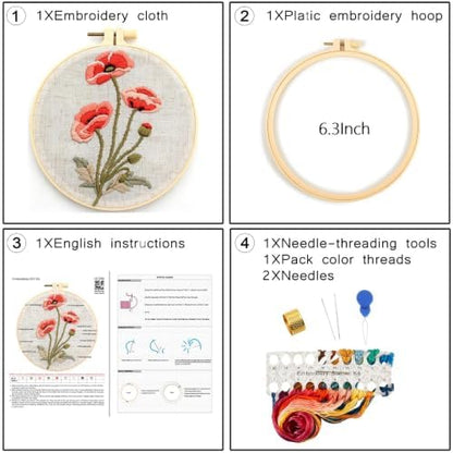 Vintage Flowers Embroidery Kits for Beginners Adults, Floral Hand Embroidery Starter Kit, Stamped Cross Stitch Kits DIY Needlepoint Kits for Beginners Adult, Embroidery Hoop, Thread and Video Tutorial - Image 3