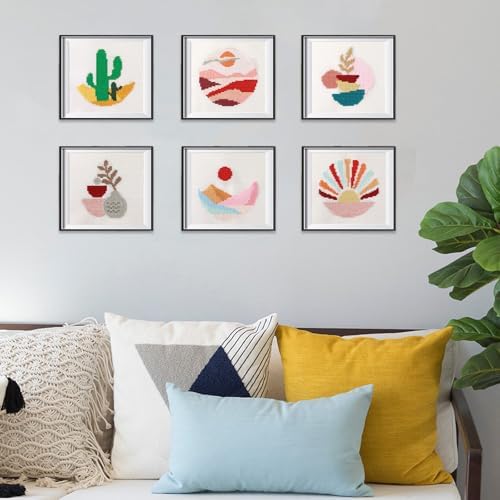 ZOIIWA 6PCS Cross Kits for Beginners DIY Embroidery Kit for Adults Boho Cross Kits Christmas Birthday Gift Abstract Landscape Needlepoint Patterns with 2 Embroidery Hoops Craft Supplies - Image 6