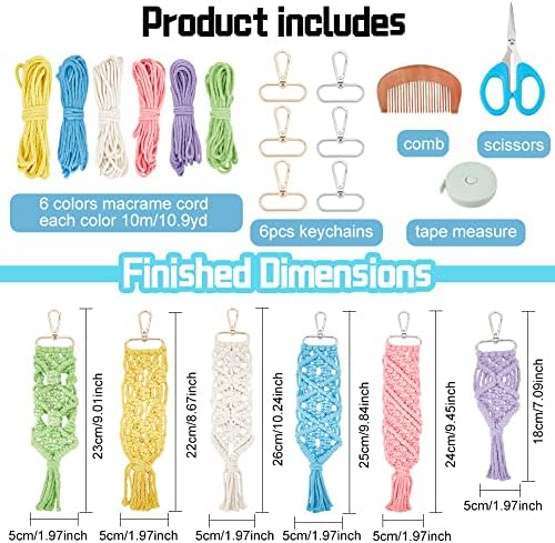 INFUNLY 6 Set Macrame Keychain Kit Mix Color DIY Mini Boho Keychains Kits Bag Charms Macrame Keychain Bracelet with Tassels for Car Key Purse Phone Instruction Included - Image 2