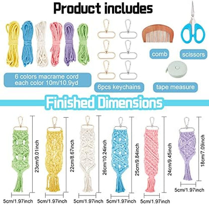 INFUNLY 6 Set Macrame Keychain Kit Mix Color DIY Mini Boho Keychains Kits Bag Charms Macrame Keychain Bracelet with Tassels for Car Key Purse Phone Instruction Included - Image 2
