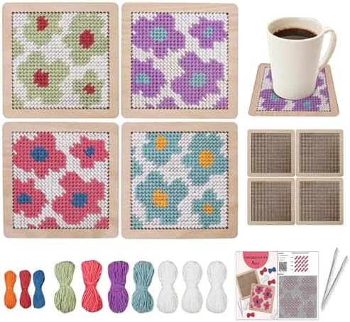 Yushen 4Pcs Flower Coaster Needlepoint Kit for Adult Cross Stitch Kits DIY Adults No Pattern Stamped Needlepoint Embroidery Set Embroidery Needles Threads Crafts (Flower) by YUSHENCrafts