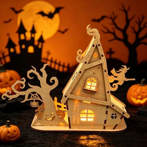 Halloween Witch House 3D Wooden Puzzle Kit - DIY Haunted House Building Model for Adults, Spooky Halloween Decorations, Fun Craft Gift for Teens - Image 3