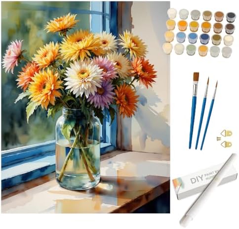 Floral Still Life Paint by Numbers Kit for Adults - DIY Colorful Gerbera Daisies in Jar by Window Painting on Rolled Canvas 16x20 Inches, Acrylic Paint Set for Beginners, Art for Home Decor or Gifts by Unknown