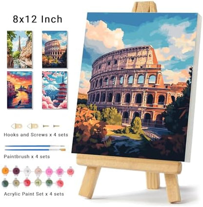obterie 4 Pack Framed Paint by Numbers Kit for Adults Beginner Canvas Painting by Numbers for Adults Landscapes Easy Adult Paint by Number Kits with Frame City Watercolor Painting by Number 8x12 Inch - Image 2