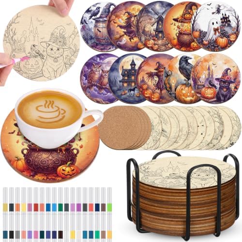 Reallnaive 45 Pcs Halloween Wooden Coasters Painting Kit, 10 Painting Coaster with Markers Holder Cork Pads Arts and Crafts DIY Gift for Adults Ornament Home Office Decor by Reallnaive