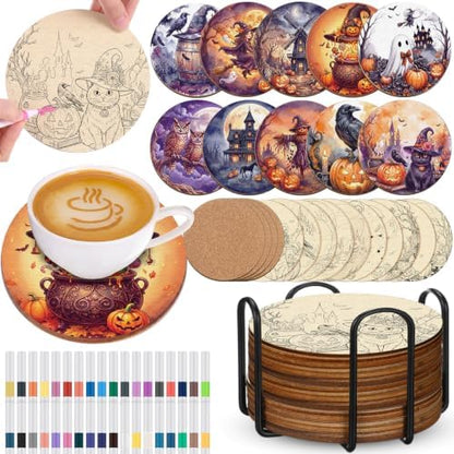 Reallnaive 45 Pcs Halloween Wooden Coasters Painting Kit, 10 Painting Coaster with Markers Holder Cork Pads Arts and Crafts DIY Gift for Adults Ornament Home Office Decor by Reallnaive