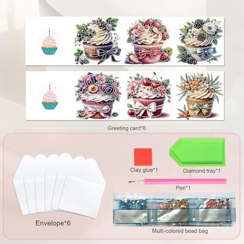 JISHSHAY 6 PCS Cupcake Diamond Painting Greeting Cards Cake Diamond Art Birthday Cards with Envelopes Gem Art Mosaic Kits for Adults, for Anniversary Valentine Thank You Graduation All-Occasion - Image 3