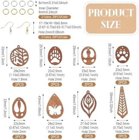 Elecrelive 8 Pairs Wooden Charms for Earring Making, Coconut Brown Wood Earring Pendants Paw Print Oval Teardrop Wood Earrings Blank Wooden Dangle Earring Making Kit with Earring Hooks - Image 5