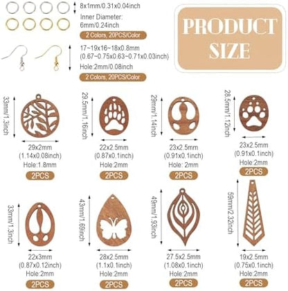 Elecrelive 8 Pairs Wooden Charms for Earring Making, Coconut Brown Wood Earring Pendants Paw Print Oval Teardrop Wood Earrings Blank Wooden Dangle Earring Making Kit with Earring Hooks - Image 5