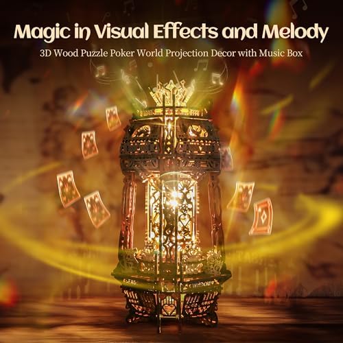 FUNPOLA LED 3D Wood Puzzle Poker World Projector Lamp – DIY Craft Kit with LED Lights and Music Box – Creative Poker-Themed Lamp, Nightlight Gift for Home Décor (White Maple) - Image 2