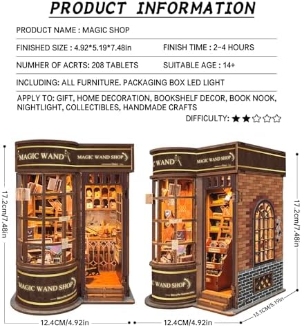 Spilay DIY Miniature Book Nook Kit, Dollhouse Tiny House Model Build Bookshelf Decor, Bookends Model Kit with dust Cover & LED for Teens and Adults Gifts(Magic Shop) - Image 2