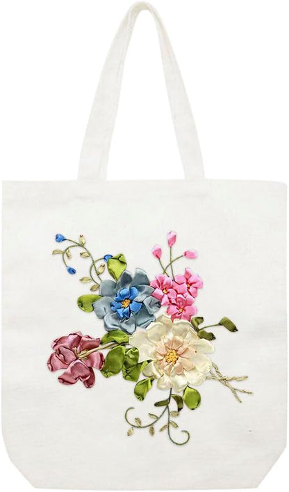 Canvas Tote Bag Silk Ribbon Embroidery Kit for Beginners, Arts DIY Crafts Starter kit, Include Stamped Bag Threads Hoop