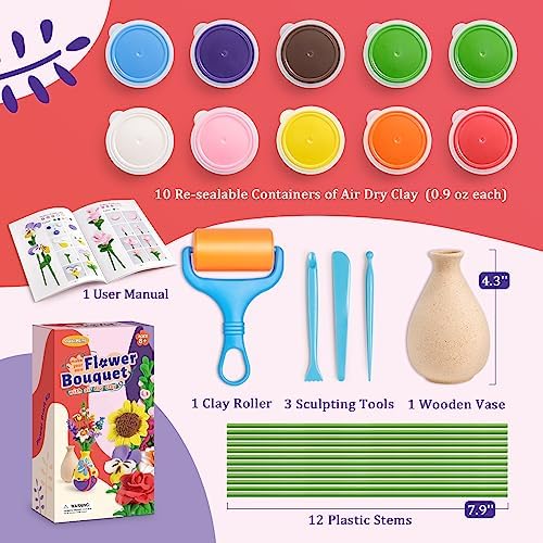 Drama Planet Flower Craft Kit for Kids, Make Your Own Flower Bouquet with Air Dry Clay, Arrange Clay Flowers & Create Personalized Art, Great Gifts for Girls - Image 2