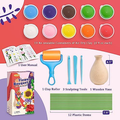 Drama Planet Flower Craft Kit for Kids, Make Your Own Flower Bouquet with Air Dry Clay, Arrange Clay Flowers & Create Personalized Art, Great Gifts for Girls - Image 2