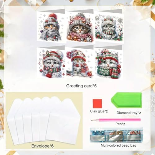 jinglinhh 6pcs Christmas Cat Snowflakes Diamond Art Painting Greeting Cards with Envelopes, DIY Card Making Kits for Adults, Diamond Art Postcards Christmas Cards Craft Gifts - Image 3